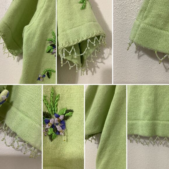 Vintage 90s Green Fairy Granny Cottagecore Grandma Wearable Art Knit Cardigan L - Picture 8 of 8